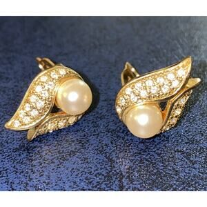 VTG Gold Pearl Nested CZ Diamond Clip‎ Earrings